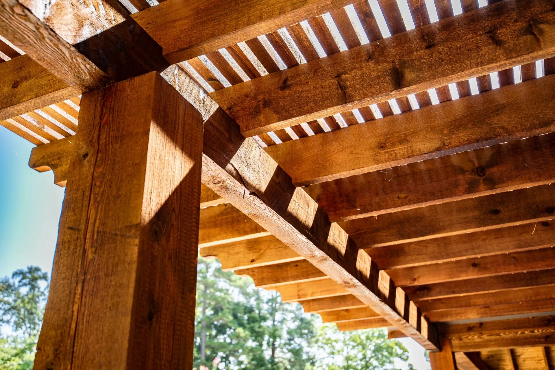 close up of porch + patio wooden build