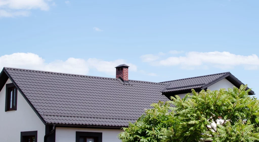 modern house roof with black tiles and a tree in front
