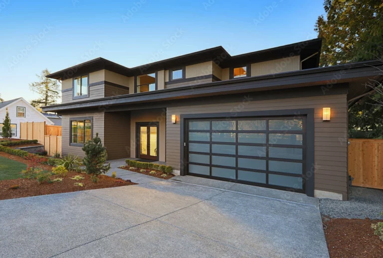 Flat roof on a modern home in the evening