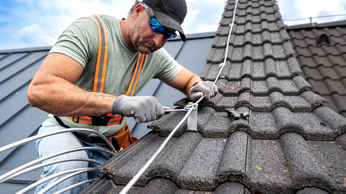 roofer repairing tiles wearing safety gear