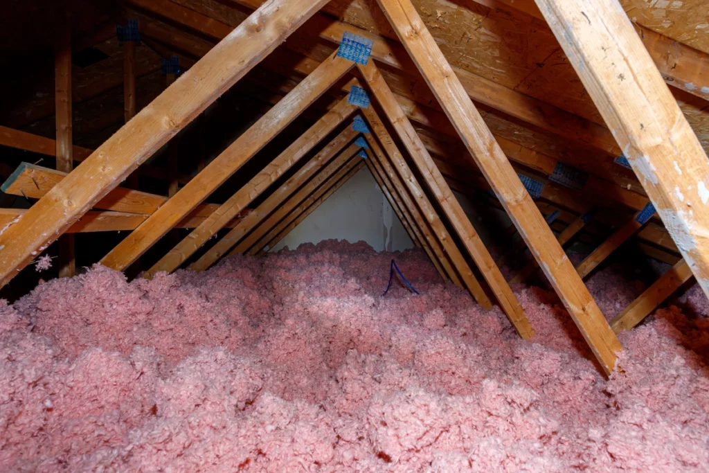 Closeup of cellulose roof and attic insulation