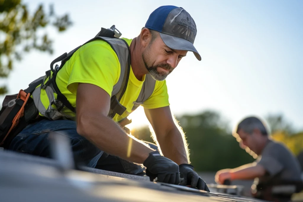 Closeup of roofing contractor performing roof maintenance
