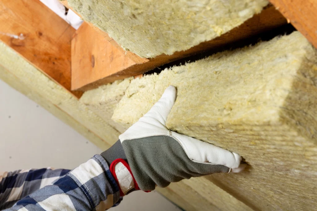 Closeup view of roofing contractor installing roof insulation