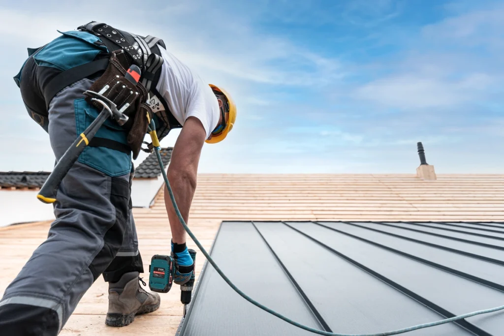 Roofing contractor installs standing seam metal roof